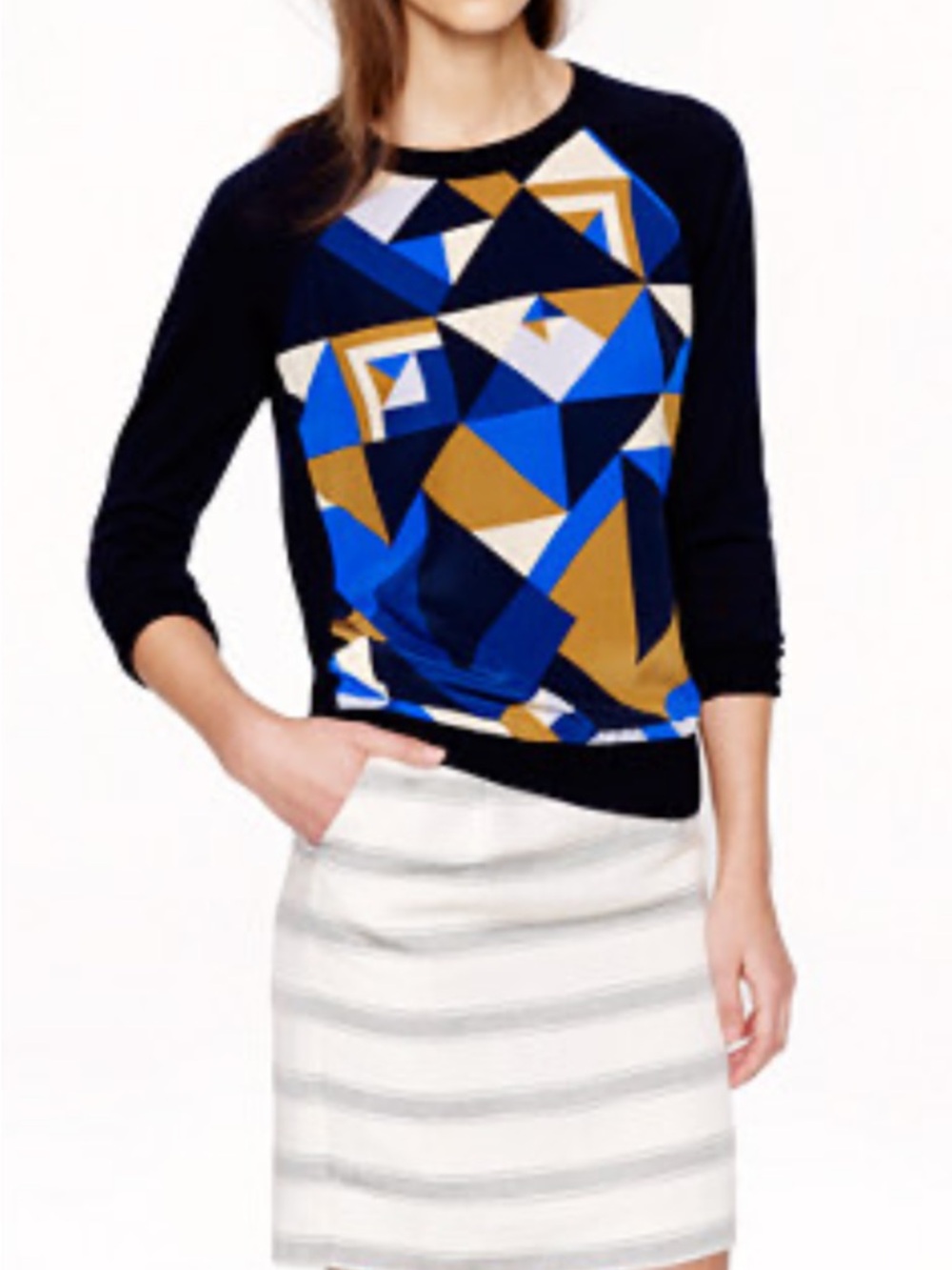 J. Crew long sleeve navy blue w Geometric design front merino wool/Silk sweater